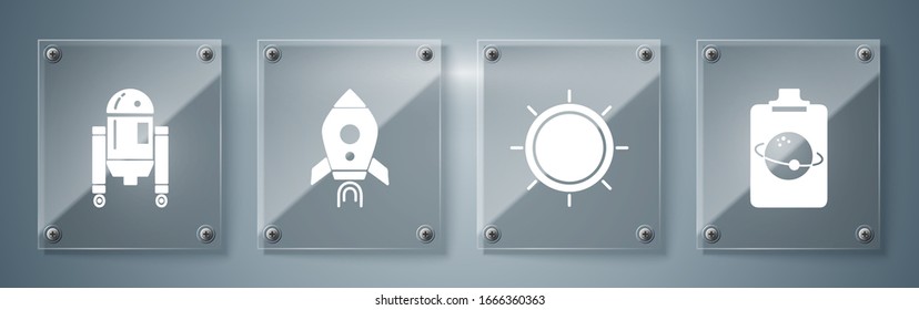 Set Planet, Sun, Rocket ship with fire and Robot. Square glass panels. Vector