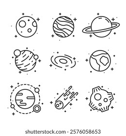 Set of planet themed line art editable icons