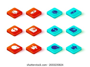 Set Planet, UFO flying spaceship, Alien, Astronomical observatory, Rocket and Satellites orbiting the planet icon. Vector