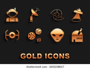 Set Planet, UFO flying spaceship, Astronomical observatory, Alien, Cosmic, Black hole, Astronaut and Radar icon. Vector