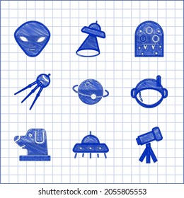 Set Planet, UFO flying spaceship, Telescope, Astronaut helmet, Dog astronaut, Satellite, Alien and  icon. Vector