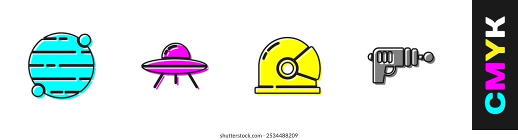 Conjunto Planeta, nave espacial voladora OVNI, casco de astronauta e icono de pistola Ray. Vector