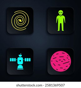 Set Planet Venus, Black hole, Satellite and Alien. Black square button. Vector