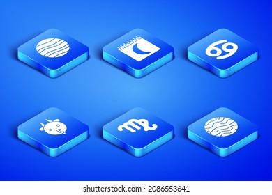 Set Planet Venus, Jupiter, Virgo zodiac, Aries, Moon phases calendar and Cancer icon. Vector