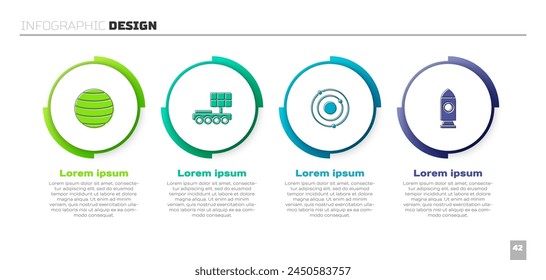 Set Planet Venus, Mars rover, Solar system and Rocket ship. Business infographic template. Vector