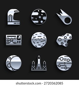 Set Planet Venus, Raketenstart vom Weltraumbahnhof, Mars, Asteroid, Mond, futuristische Hud-Schnittstelle, Komet fallen schnell und Astronaut Helm-Symbol. Vektorgrafik