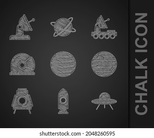 Set Planet Venus, Rocket ship, UFO flying spaceship, Mars rover, Astronaut helmet,  and Satellite dish icon. Vector