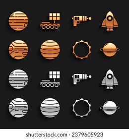 Set Planet Venus, Rocket ship, Saturn, Sun, Ray gun,  and Mars rover icon. Vector