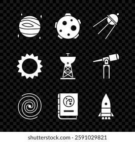 Set Planet Venus, Satellite, Black hole, Book by astronomy, Rocket ship, Sun and dish icon. Vector