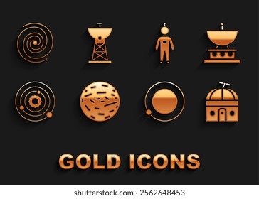 Set Planet Venus, Satellite dish, Astronomical observatory, Satellites orbiting the planet Earth, Solar system, Astronaut, Black hole and  icon. Vector