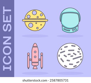 Set Planet Venus, Planet Saturn, Space shuttle and rockets and Astronaut helmet icon. Vector