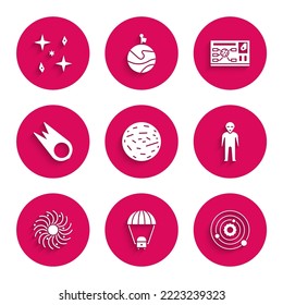 Set Planet Venus, Space capsule and parachute, Solar system, Alien, Black hole, Comet falling down fast, Futuristic hud interface and Falling stars icon. Vector