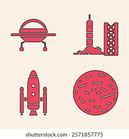 Set Planet Venus, UFO flying spaceship, Rocket launch from the spaceport and Space shuttle and rockets icon. Vector