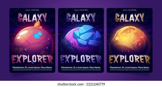 Conjunto de plantillas de banner planetario. Dibujo vectorial de dibujos animados de planetas alienígenas brillando con cráteres de neón contra fondo estrellado oscuro del cielo. Exploración de galaxias espaciales, promoción de eventos de ciencia astronómica