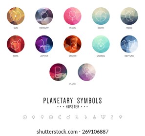 Set of planetary icon symbols over triangular background. Astrology, zodiac, hipster style