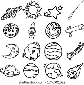 A Set of planetary icons suitable for nature content with doodle cartoon style