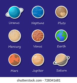 A set of planets in the cartoon style. Vector poster for studying the planets