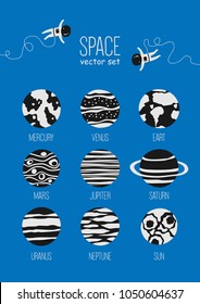 Set of Planets. Children's drawing style.