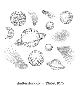 Set of planets, constellations, moon, comets, stars. Space objects outline ink. Hand drawn vector illustration.