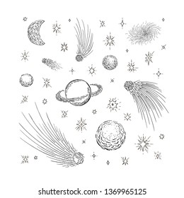 Set of planets, constellations, moon, comets, stars. Space objects outline ink. Hand drawn vector illustration.