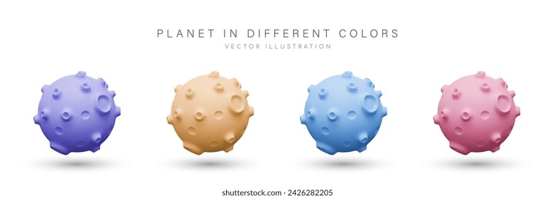 Set of planets of different colors. Round Moon with volcanic craters