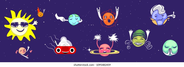 a set of planets with faces. Planets in space see off the car with the driver