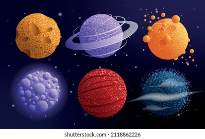 A set of planets in a fantasy detailed style. Space illustrations.