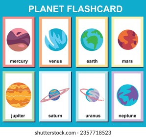 Set of planets flashcards for kids learning about planets, Mercury, Venus, Earth, Mars, Jupiter, Saturn, Uranus, Neptune. Vector illustration of solar system planets. Printable vector file. 