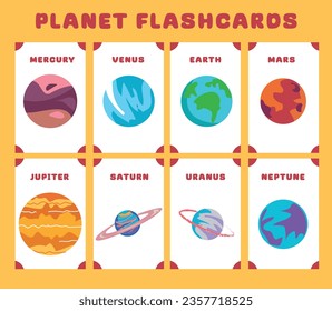 Set of planets flashcards for kids learning about planets, Mercury, Venus, Earth, Mars, Jupiter, Saturn, Uranus, Neptune. Vector illustration of solar system planets. Printable vector file. 