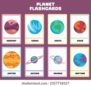 Set of planets flashcards for kids learning about planets, Mercury, Venus, Earth, Mars, Jupiter, Saturn, Uranus, Neptune. Vector illustration of solar system planets. Printable vector file. 