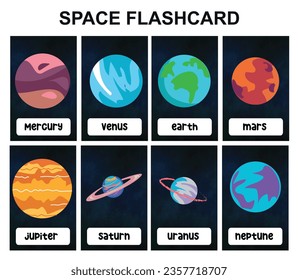 Set of planets flashcards for kids learning about planets, Mercury, Venus, Earth, Mars, Jupiter, Saturn, Uranus, Neptune. Vector illustration of solar system planets. Printable vector file. 