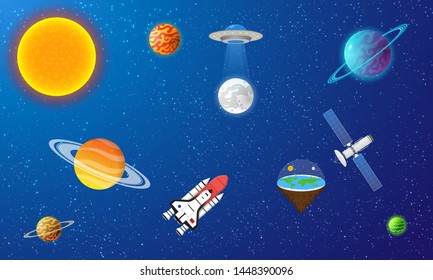Set of Planets Galaxy Sun Flat Earth  Illustration