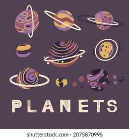 set with planets in hand draw style. Vector illustration for posters, prints and cards