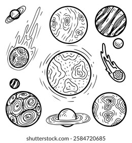 Set of planets. Hand drawn doodle. Celestial astronomical body. Saturn's rings. Satellite, meteorite, comet. Round object. Vector line art illustration.