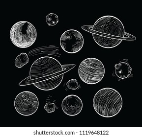 Set of planets icon, hand drawn vector illustration