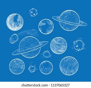 Set of planets icon, hand drawn vector illustration.