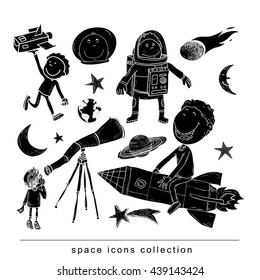 Set of planets icon, hand drawn vector illustration. black
