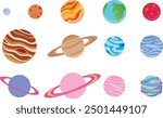 set of planets icons vectors, Earth, moon, Mars, Jupiter, planets in the galaxy.