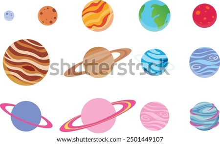 set of planets icons vectors, Earth, moon, Mars, Jupiter, planets in the galaxy.