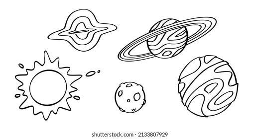 Set of planets isolated on white background. Outline astronomical objects collection. Hand drawn style.Vector illustration EPS10