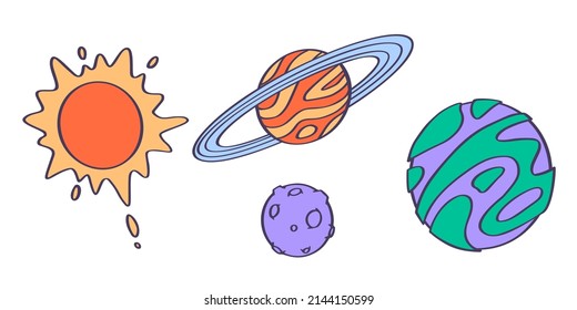 Set of planets isolated on white background. Outline astronomical objects collection. Hand drawn style.Vector illustration EPS10