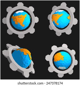 Set of planets in low-polygonal style inside gears
