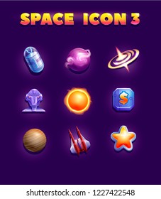 Set of  planets and metallic icon in space. Decoration icons for 2d games. Vector illustration.