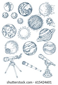 set of planets and objects on the cosmos, asteroids, comets, meteorites, telescopes, Sketch illustration