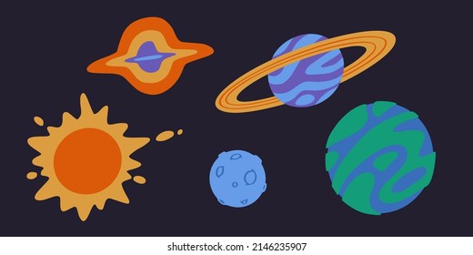 Set of planets on black background. Outline astronomical objects collection. Hand drawn style.Vector illustration EPS10