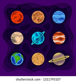 Set of planets. Planet in paper cut style. Vector