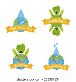 a set of planets with ribbon with text and different elements for earth day