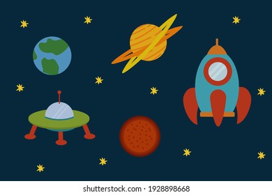 A set of planets with rockets. Cartoon space objects in space. Pattern for children's textiles. Vector Shuttle, Rocket, Satellite, UFO, Sun, Earth, Moon, Comet, Star. Vector illustration