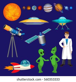 Set of planets, scientist in white gown, flying rocket, speaking aliens, telescope, unidentified flying object, or UFO, satellite realistic vector illustration. Astronomy objects in cartoon style