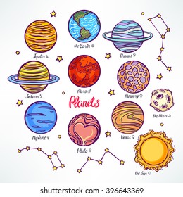 Set with the planets of the solar system and the constellations. hand-drawn illustration